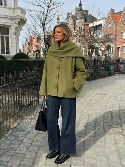 2025 Women Autumn Winter Jackets Coats Casual Solid Scarf Collar Single Breasted Female Elegant Street Jacket Outerwear Clothing